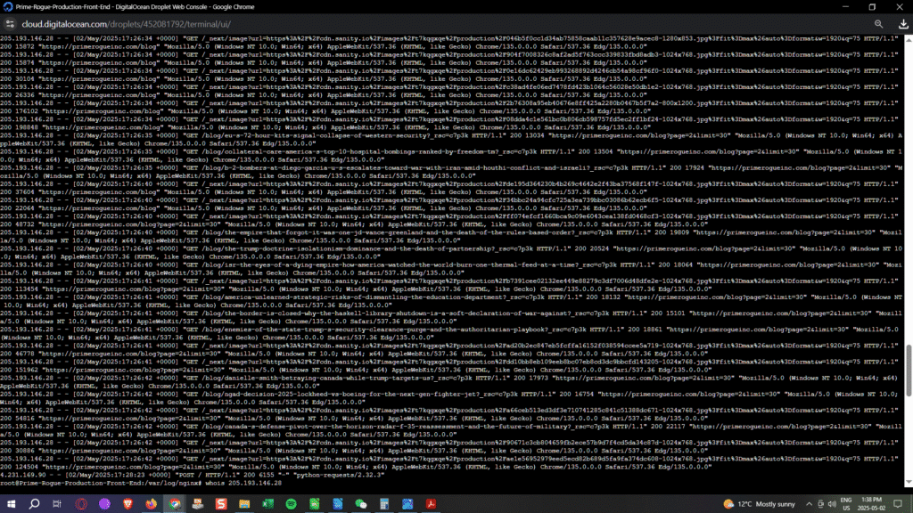An image of server logs depicting I Am the Loop: On Ontological Collapse, Reflexive Surveillance, and Adversarial OSINT as Personal Praxis - An Introduction to Operation Recursive Enema